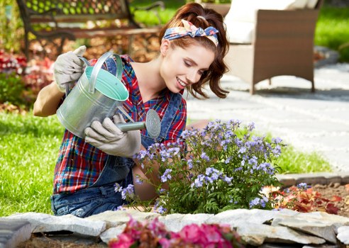 A woman with a cheerful expression, wearing a colorful plaid shirt, denim apron, gardening gloves, and a headband, is kneeling in a backyard garden. She is watering a vibrant flowering shrub with purple blooms from a metal watering can. The garden features a neatly edged flower bed with various plants and flowers, bordered by stones, in front of a well-maintained lawn with lush green grass. In the background, there is an outdoor patio area with a wooden dining table and chairs, surrounded by greenery including a hedge and trees, under natural daylight on a clear day. This scene emphasizes outdoor gardening and lawn care activities typical of a residential garden in Eltham, and highlights the professional outdoor maintenance services offered by Lawn Mowing Eltham.